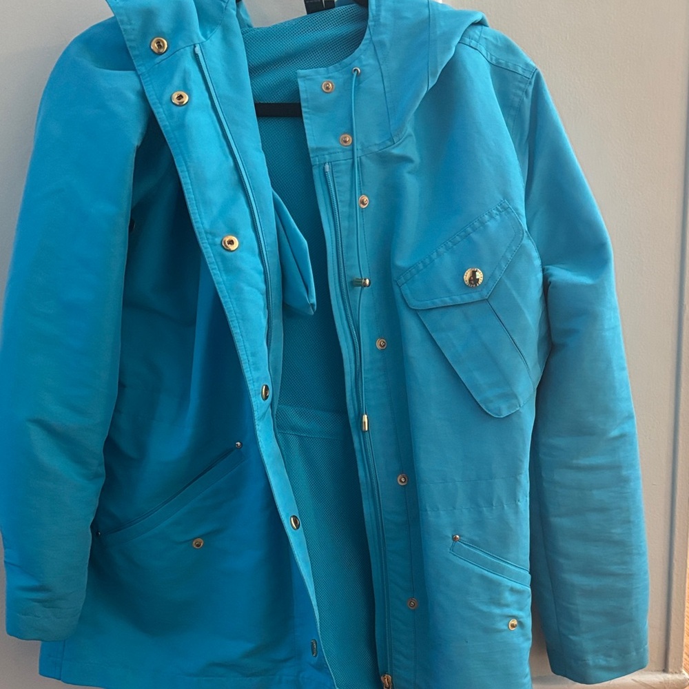 Lauren Ralph Lauren Sky Blue Hooded Jacket and gold features rain coat/fall coat